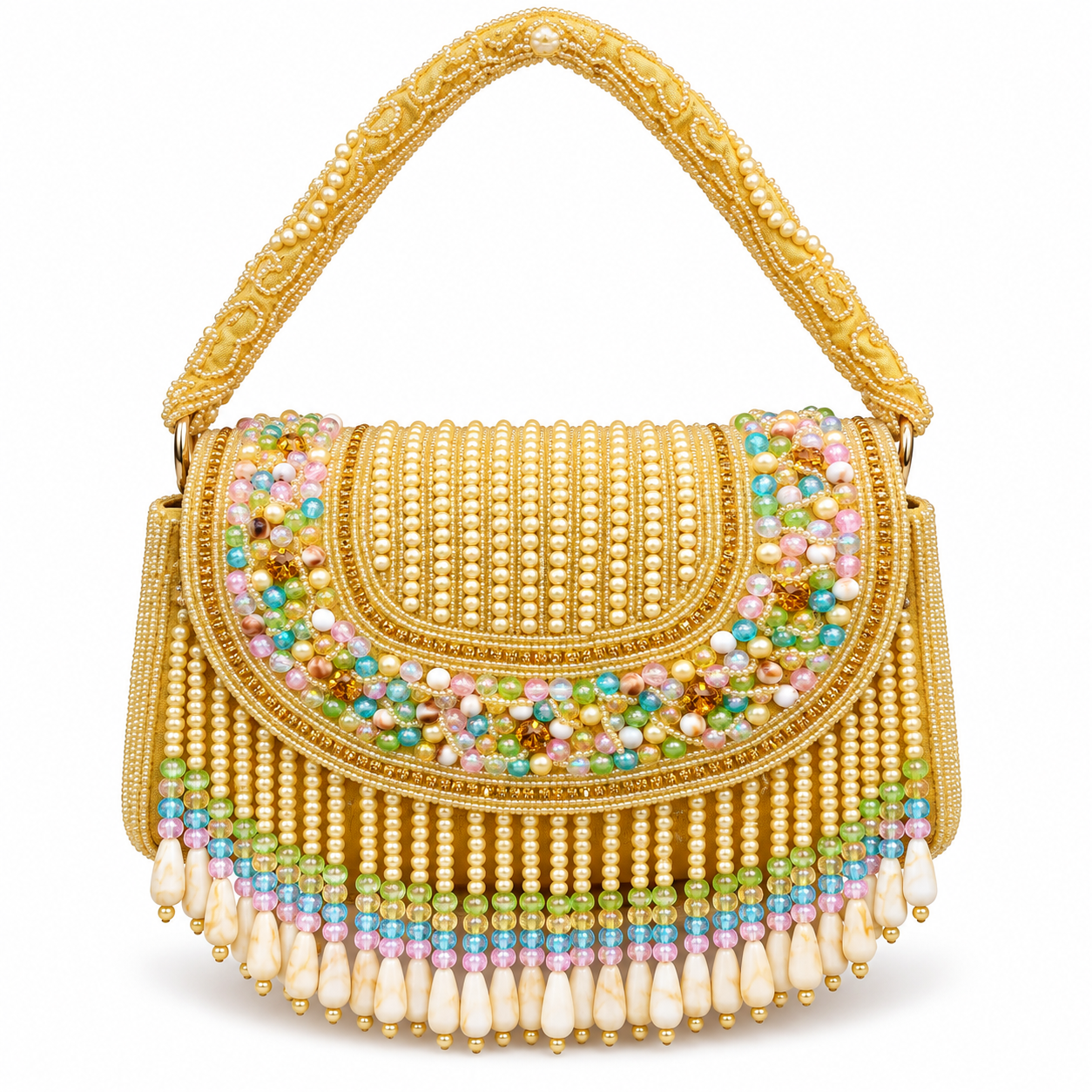 YUREMI Women’s Pearl Beaded Handbag – Multicolor Beaded Fringe Clutch 01