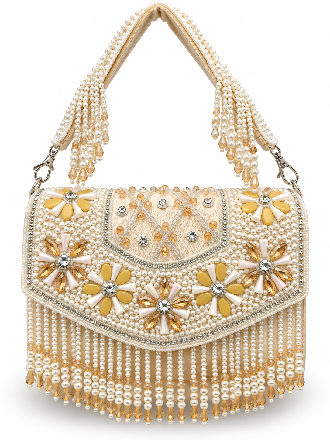YUREMI Light Gold Pearl & Floral Beaded Embellished Clutch Bag 05 - Image 4