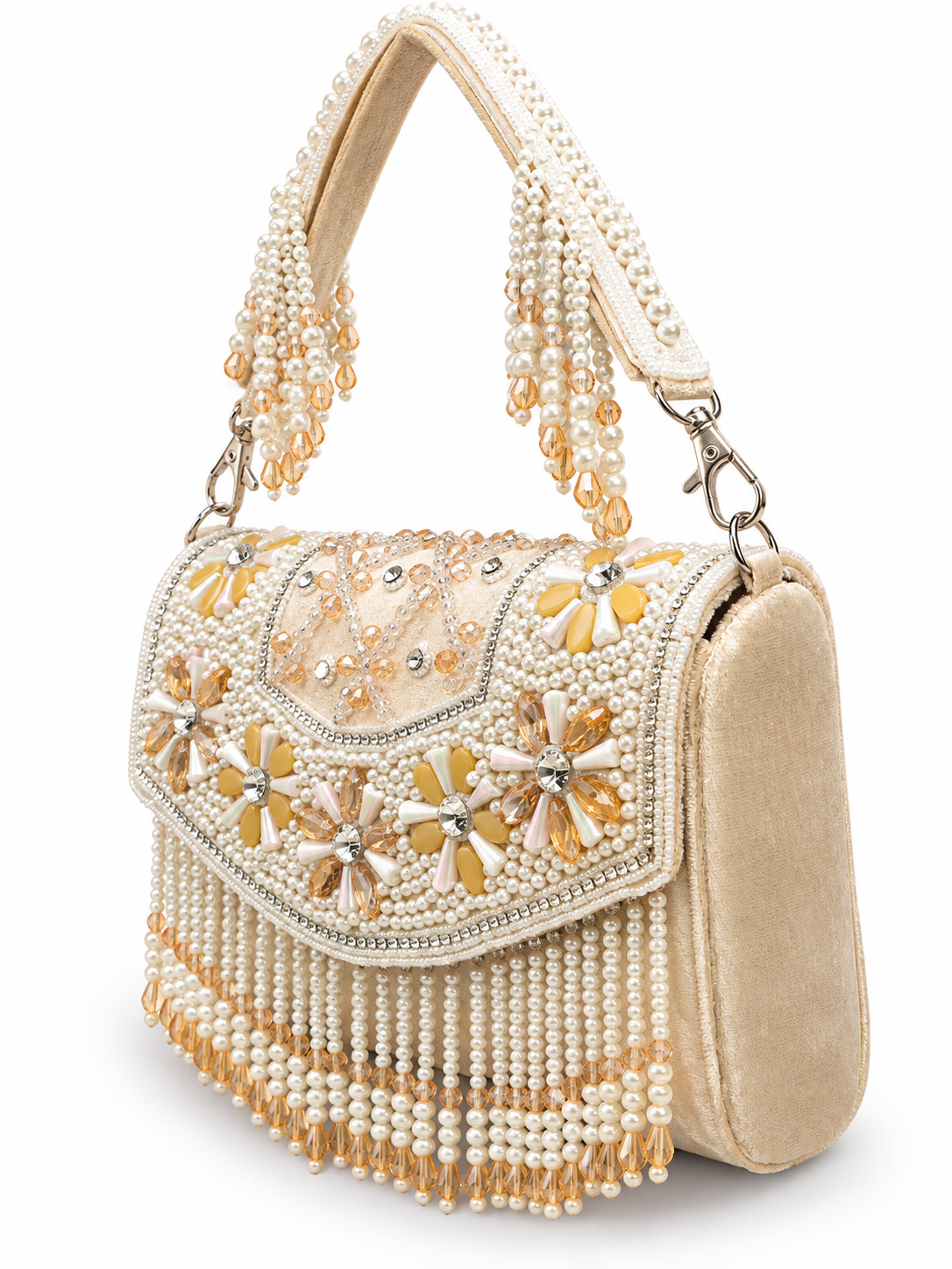YUREMI Light Gold Pearl & Floral Beaded Embellished Clutch Bag 05 - Image 3