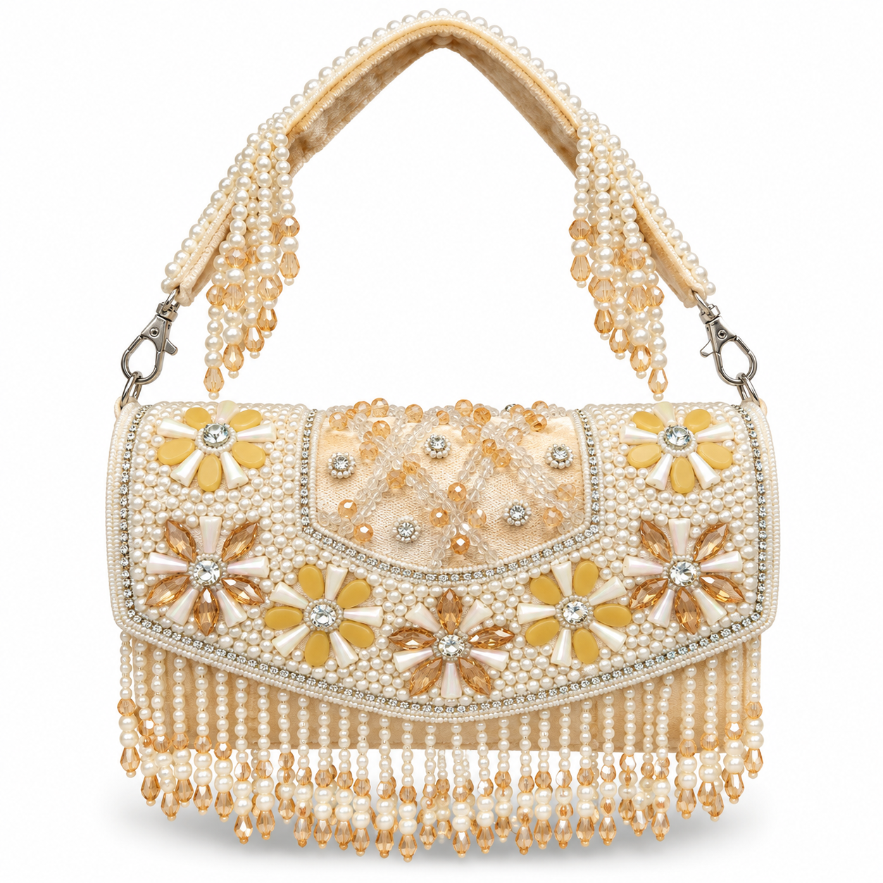 YUREMI Light Gold Pearl & Floral Beaded Embellished Clutch Bag 05