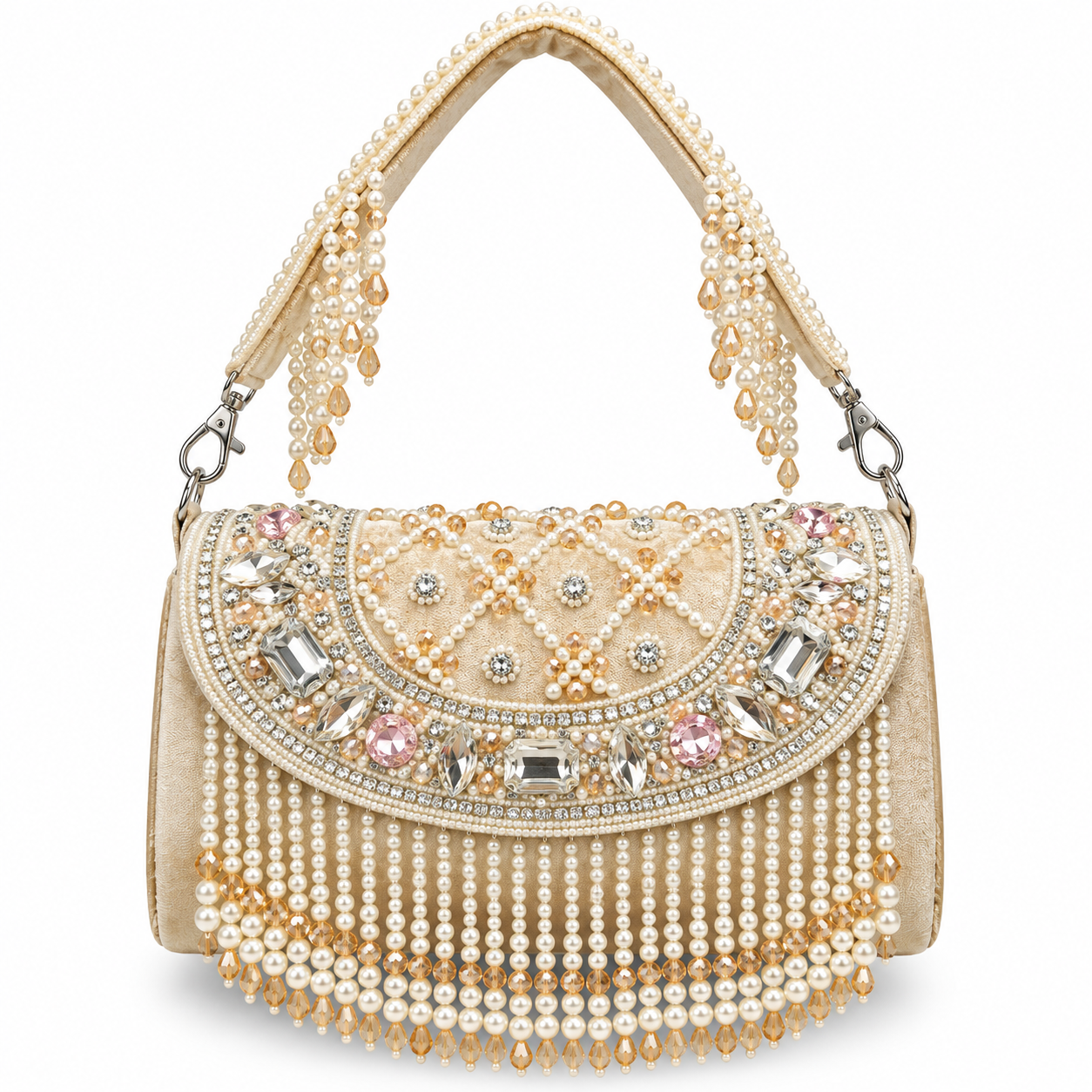 YUREMI Golden Pearl & Crystal Beaded Fringe Clutch Bag 07 - Image 4