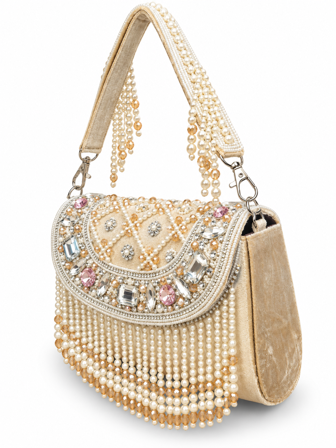 YUREMI Golden Pearl & Crystal Beaded Fringe Clutch Bag 07 - Image 3